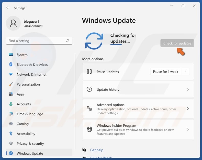 Select the Windows Update panel and click Check for updates