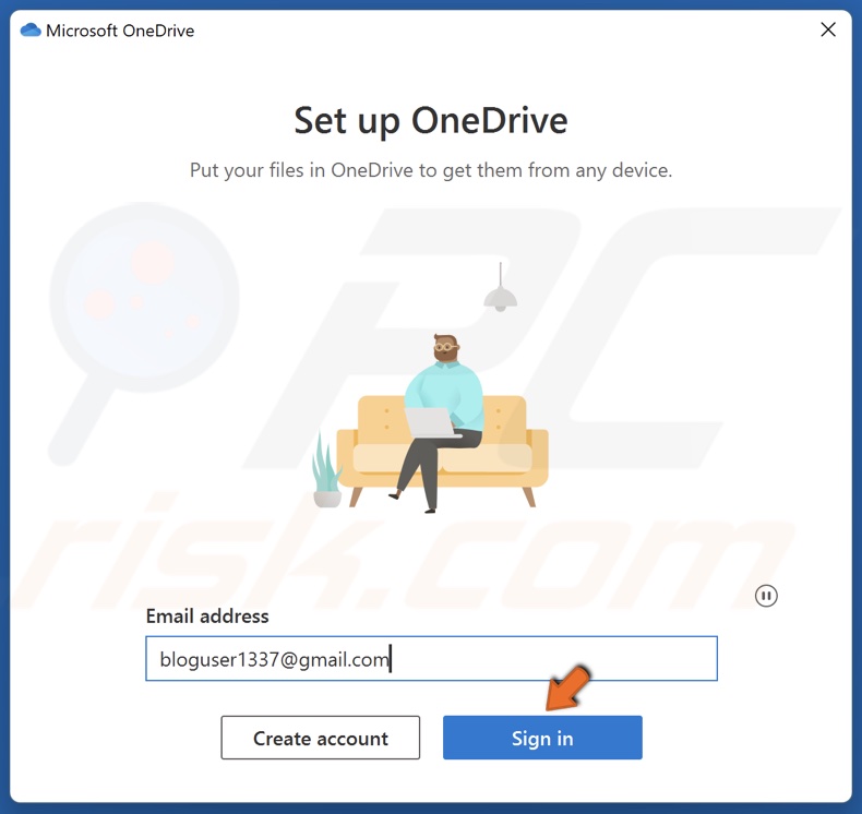 Enter your Microsoft account email address in OneDrive and click Sign in