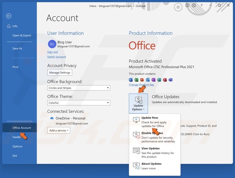 Select Office Account, open the Update Options menu and click Update Now