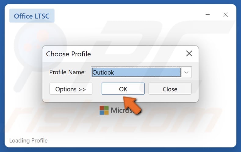 Select your Outlook profile and click OK