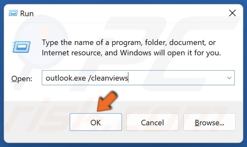 Type in outlook.exe /cleanviews in the Run dialog and click OK