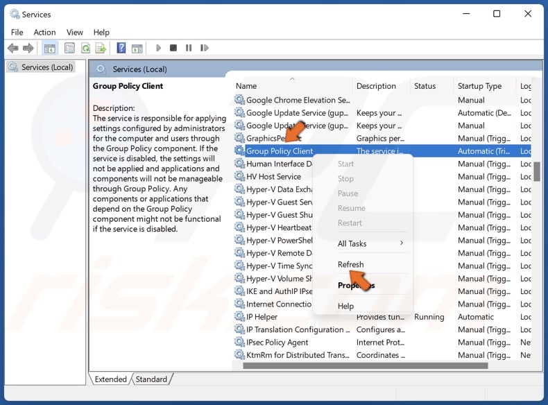Right-click Group Policy Client and click Refresh