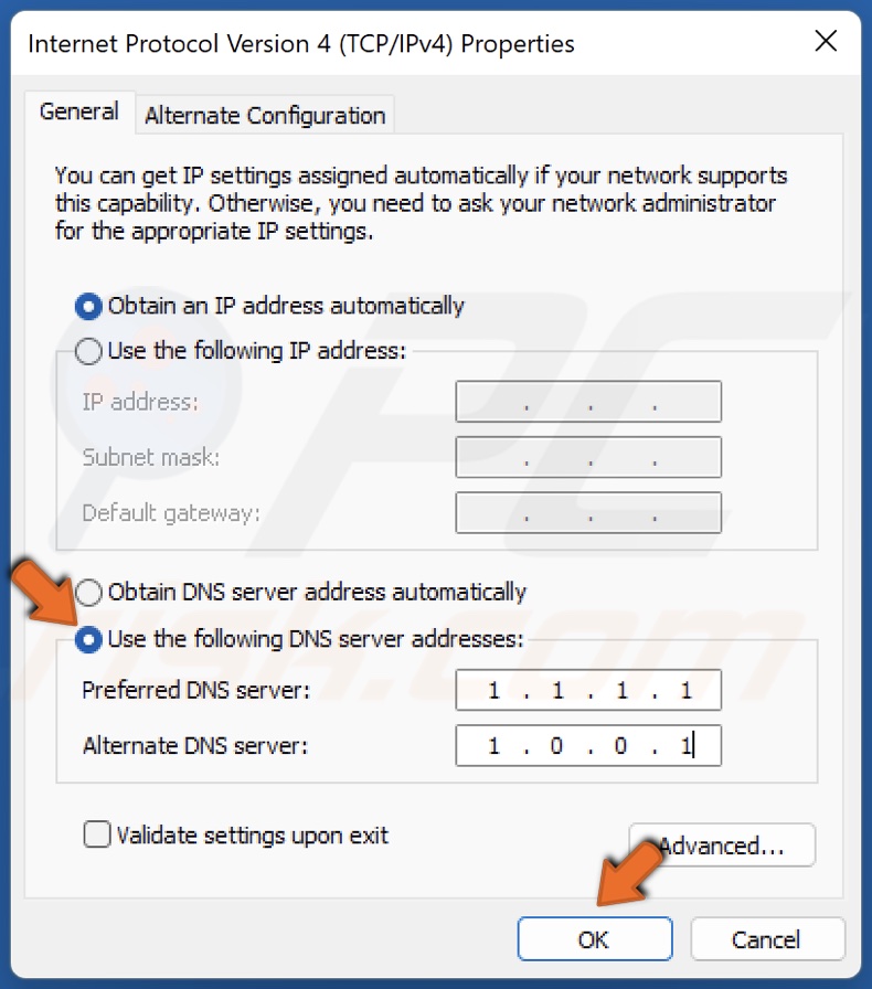 Tick Use the following DNS server addresses, enter new Preferred and Alternate addresses and click OK