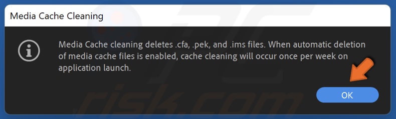 Click Ok to automatically remove media cache files