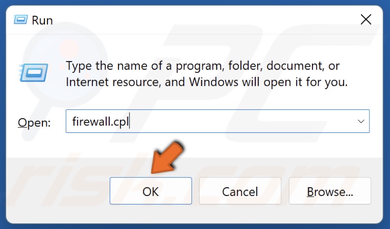 Type in firewall.cpl in the Run dialog box and click OK