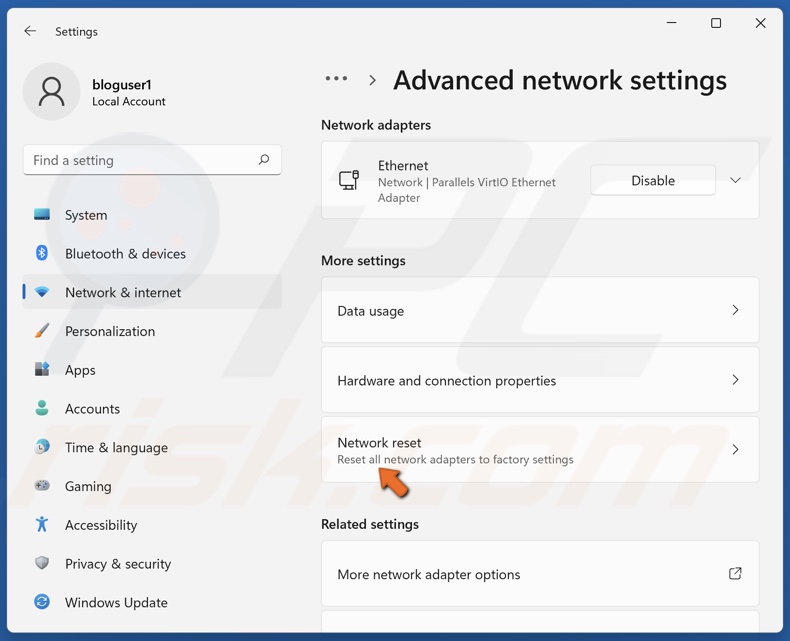 Select Network reset