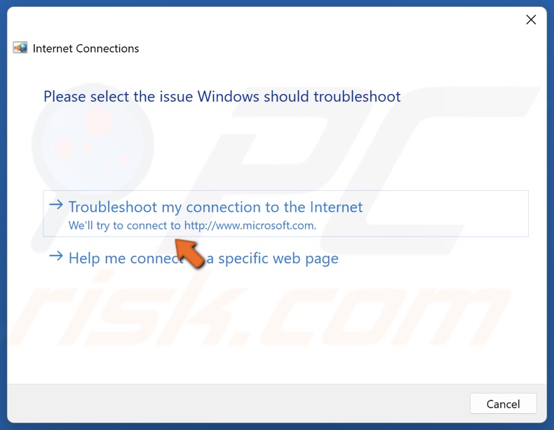 Select Troubleshoot my connection to the Internet