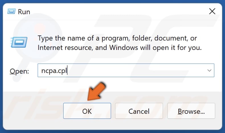 Type in ncpa.cpl in the Run dialog and click OK
