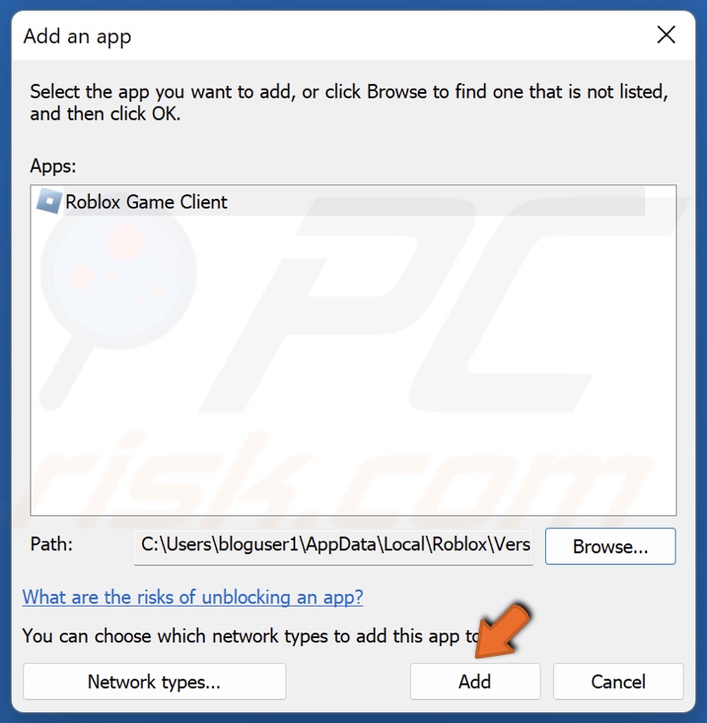 Click Add to add Roblox Game Client