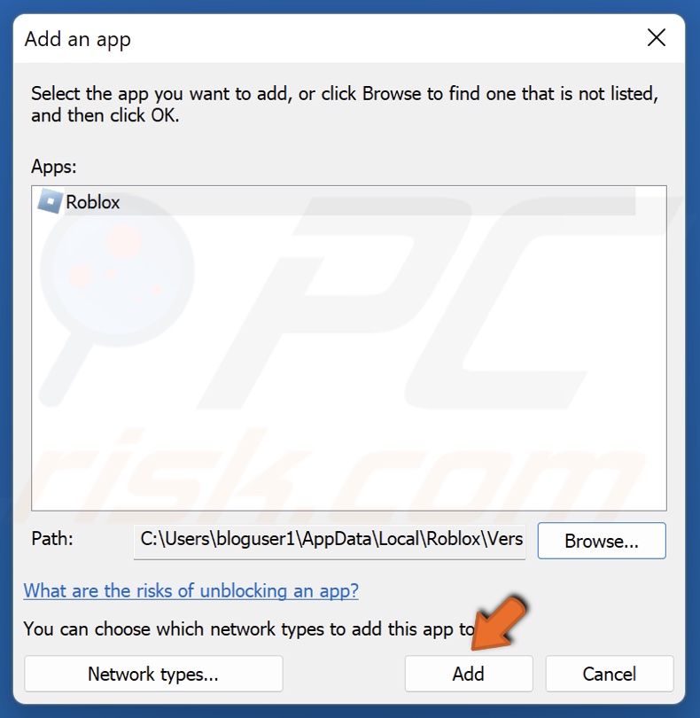 Click Add to add Roblox