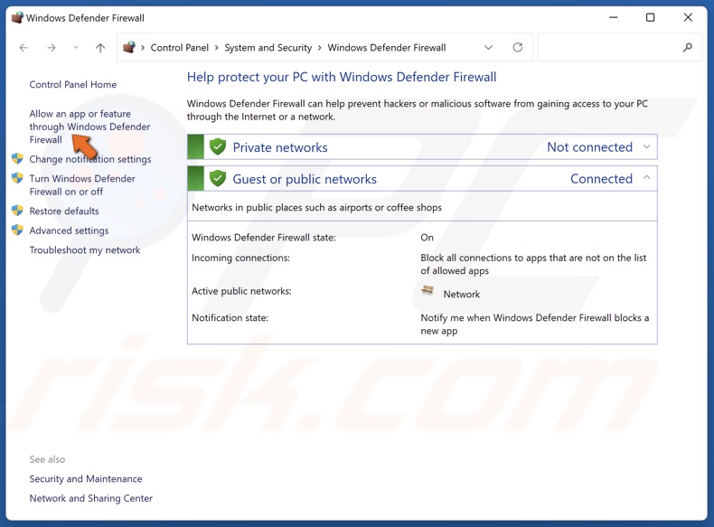 Click Allow an app or feature through Windows Defender Firewall