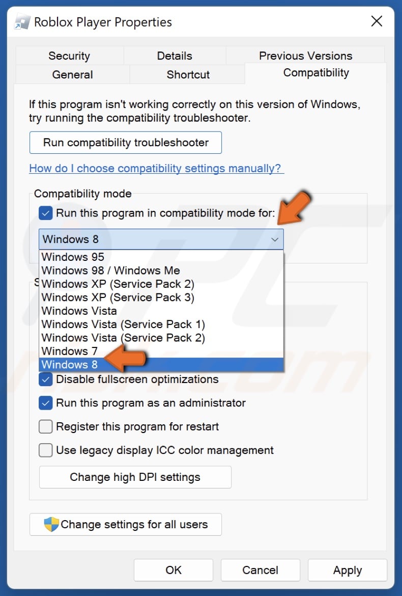 Open the Compatibility drop-down menu and select Woindows 8 or Windows 7