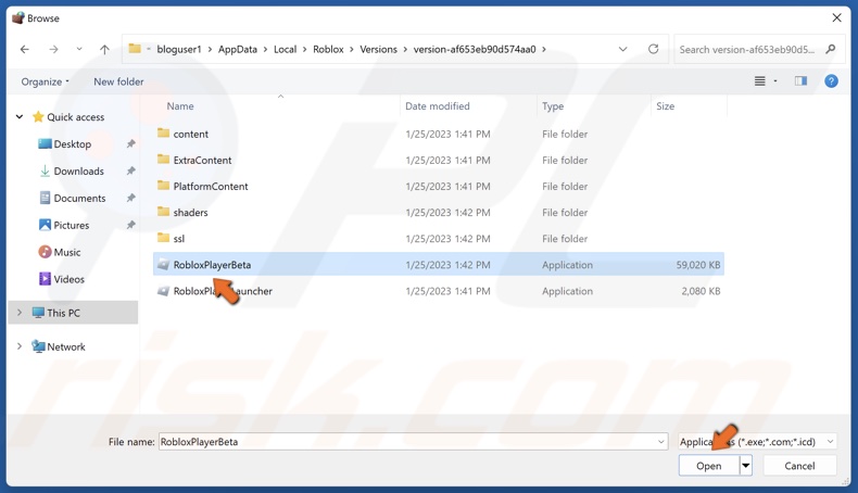 Select RobloxPlayerBeta and click Open