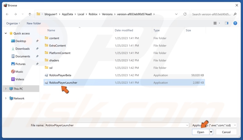 Select RobloxPlayerLauncher and click Open