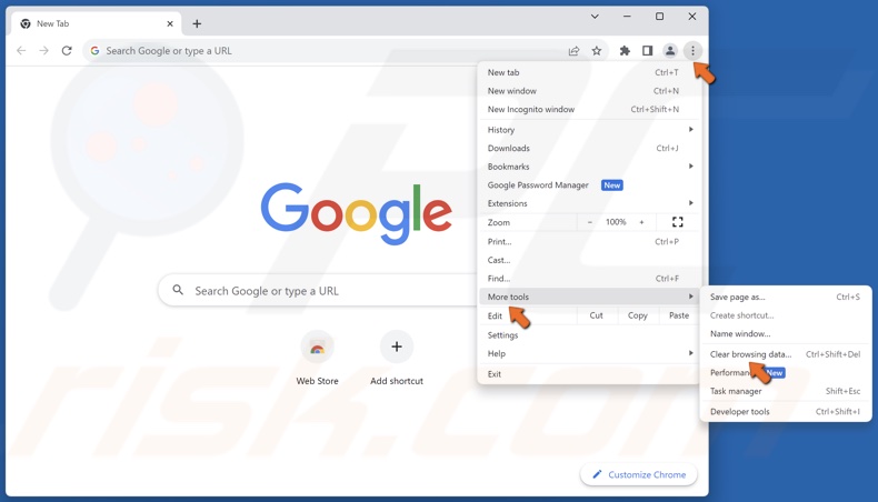 Open the Chrome menu, select More tools, and click Clear browsing data