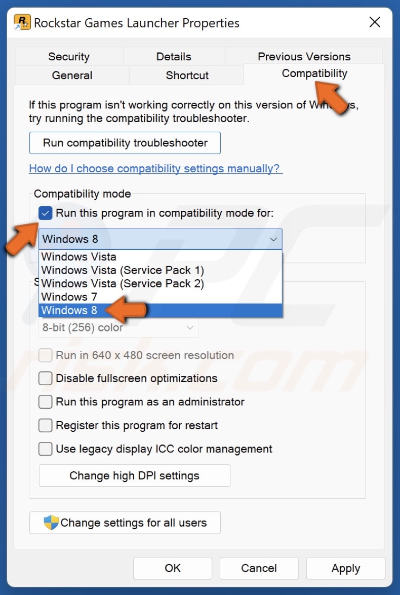 Select the Compatibility tab and mark the Run this program in compatibility mode for checkbox