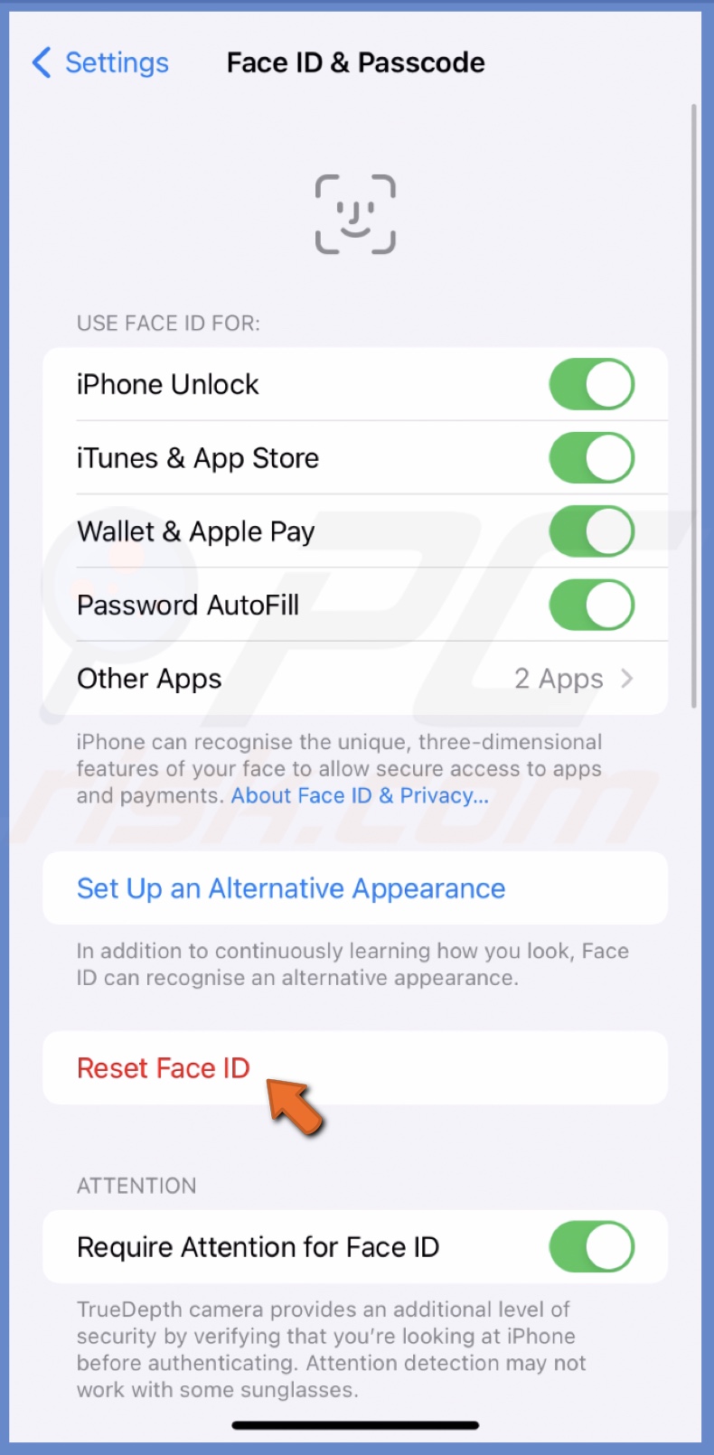 Tap Reset Face ID