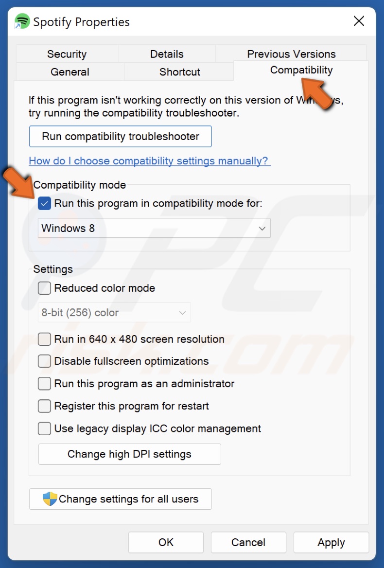 Select the Compatibility tab and mark Run this program in compatibility mode for checkbox