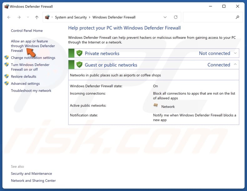 Click Allow an app or feature through Windows Defender Firewall