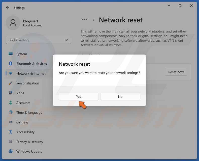Click Yes to reset network settings