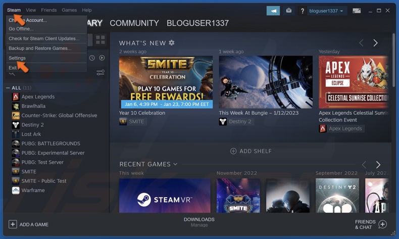 Open the Steam drop-down menu and click Settings