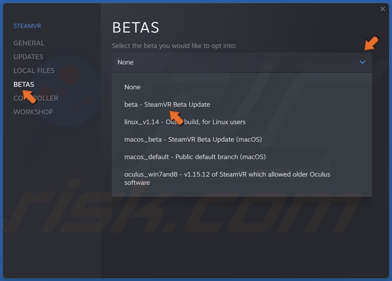 Select the Betas panel, open the betas drop-down menu and select SteamVR Beta Update