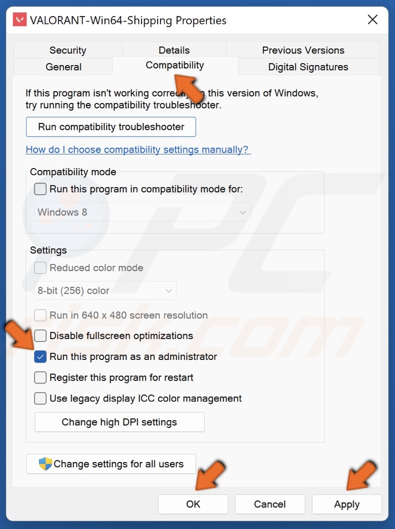 Select the Compatibility tab, mark Run this program as an administrator, click Apply and click OK