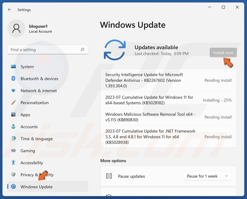 Select Windows Update and click Check for updates or Install now