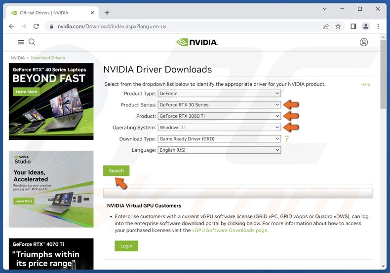 Select Nvidia graphics card model and series
