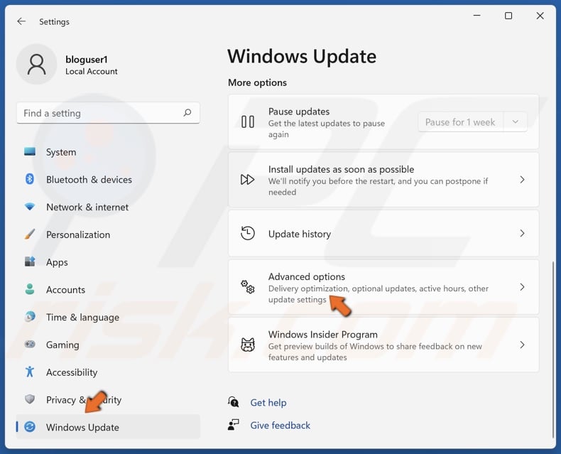 Select the Windows Update panel and click Advanced options