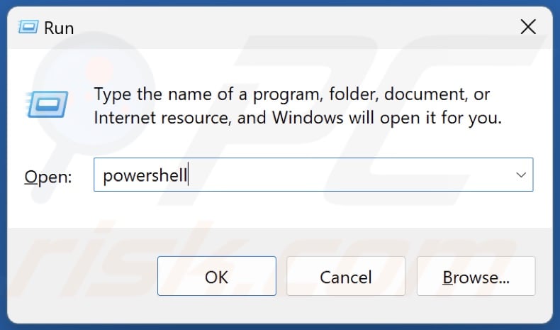 Type powershell in the Run dialog and hold down Ctrl+Shift+Enter keys to open PowerShell as an administrator