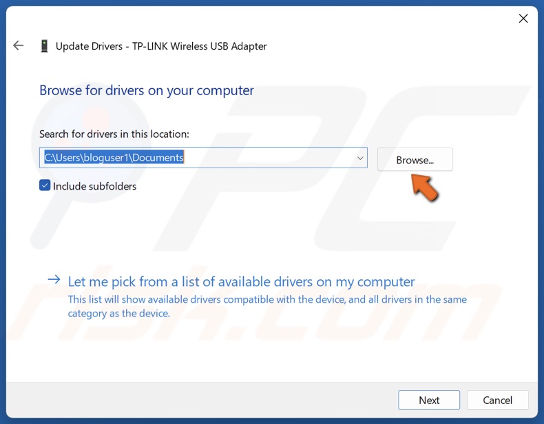 Click Browse and select a driver downloaded from the hardware vendor’s website