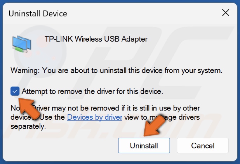 Mark the Attempt to remove the driver for this device checkbox and click Uninstall