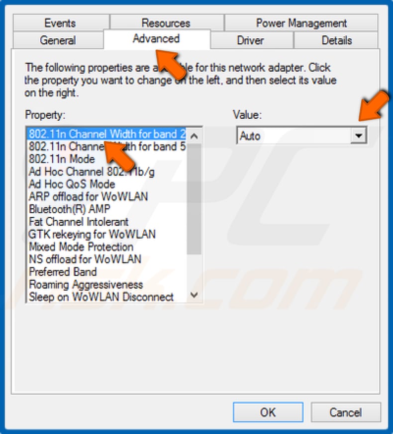 Select the 802.11n Channel Width for 2.4GHz option and set the Value to Auto