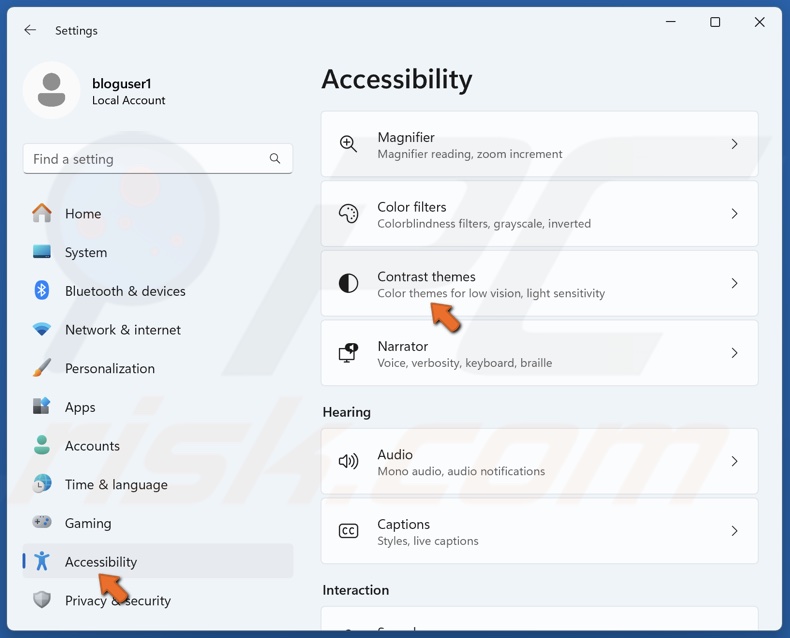 Select the Accessibility panel and select Contrast themes