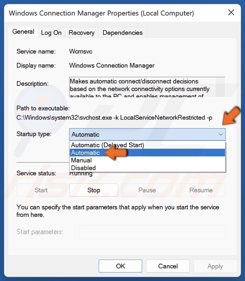 Open the Windows Conenctions Manager Startup type menu and select Automatic