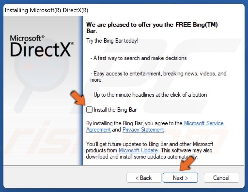 Unmark the Install Bing Bar checkbox and click Next