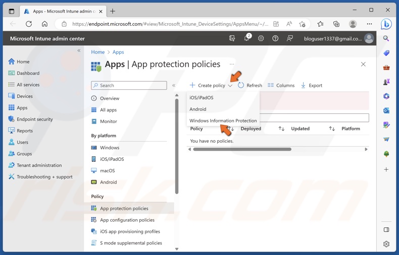 Click Create new policy and select Windows Information Protection