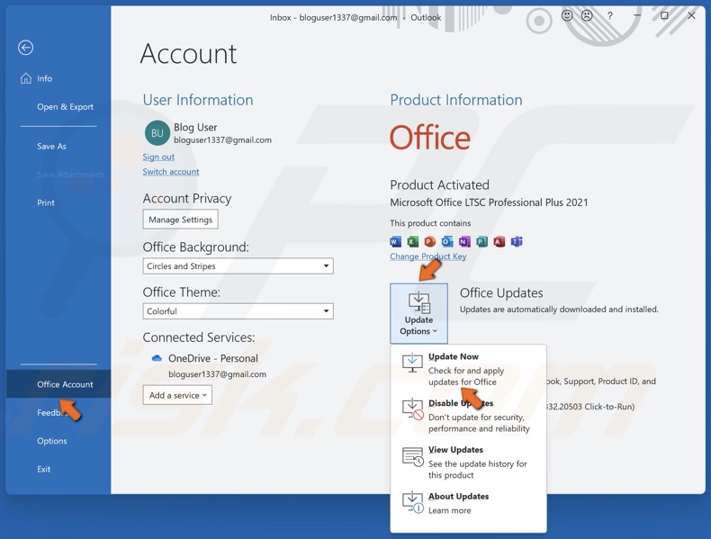 Select Office Account, open the Update Options drop-down menu and click Update Now