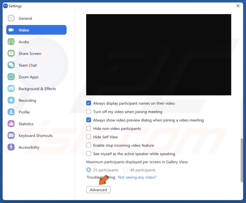 Click Advanced in the Video settings panel