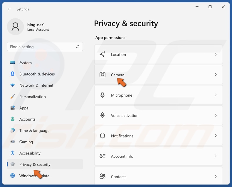 Select the Privacy & security panel and click Camera