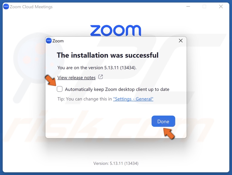 Unmark the Automatically keep Zoom desktop client up to date checkbox and click Done
