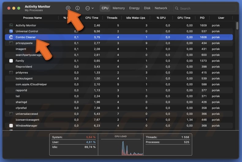 Select a process in Activity Monitor