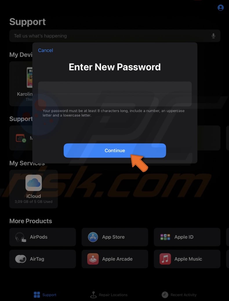 Chnage account password on support app