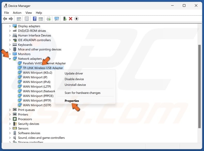 Right-click the WiFi adapter and select Properties