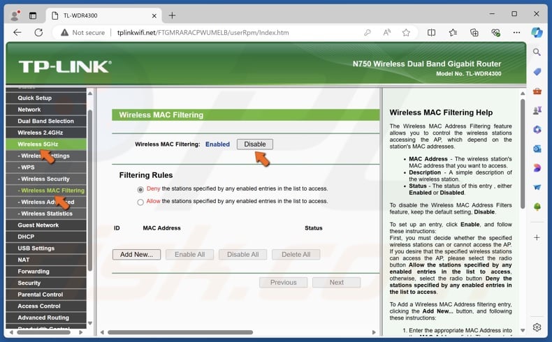 Disable Wireless MAC Filtering for 5GHz network settings