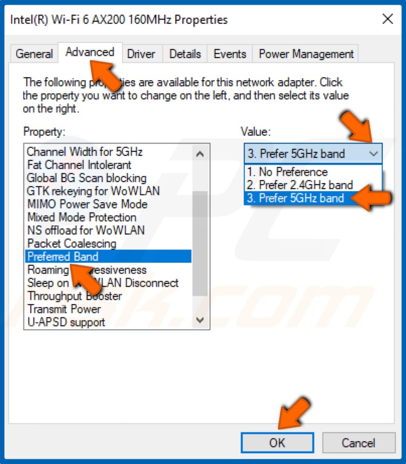 Select Preferred Band, open the Value drop-down menu and select 5GHz or 2.4GHz