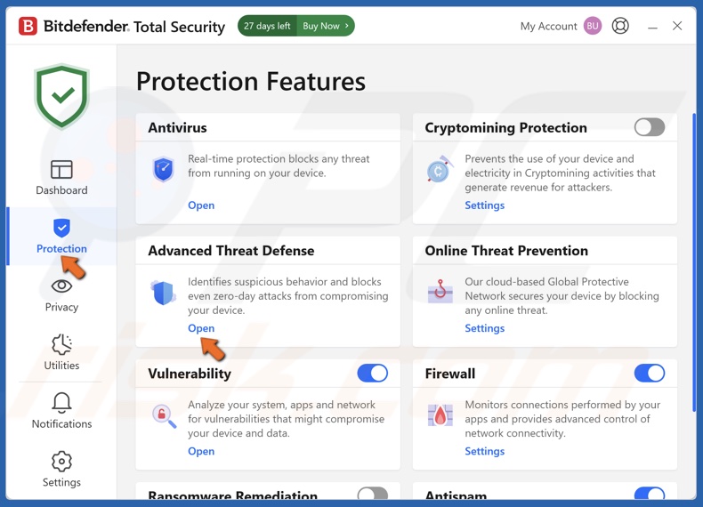 Click Protection in the left pane and click Open under Advanced Threat Defence