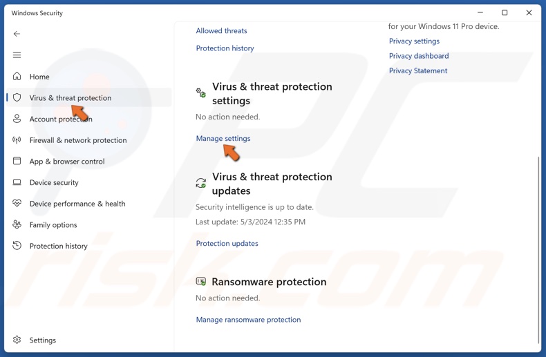 Select the Virus & threat protection panel and click Manage settings