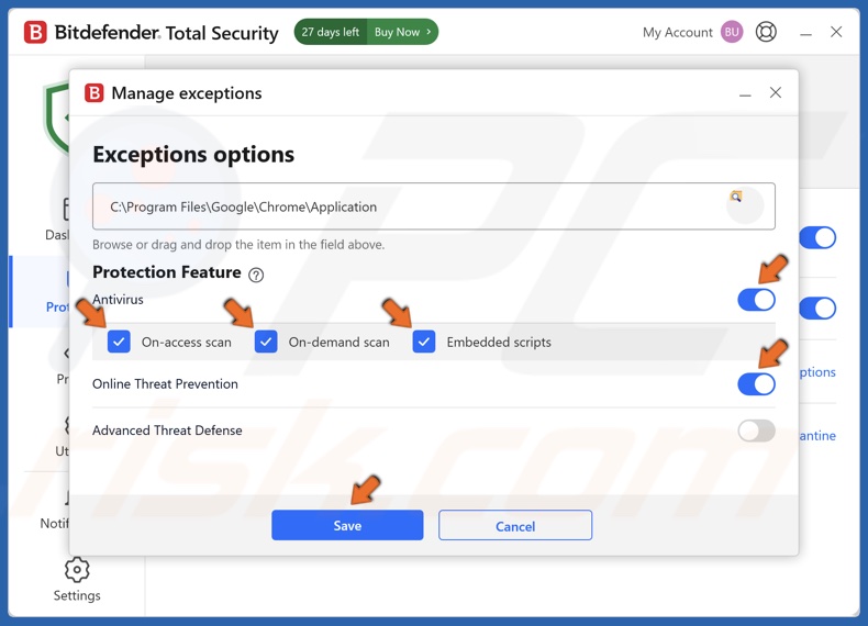 Type in C:Program FilesGoogleChromeApplication and toggle on Antivirus and Onlince Threat Prevention sliders
